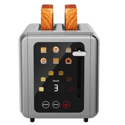 Image of Touch screen Toasters 2 slice,Stainless Steel Digital Timer Toaster with Sound Function,6 Bread Types & 6 Shade Settings,Smart Extra Wide Slots Toaster with Bagel,Defrost Functions,Grey