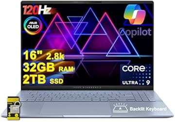 Vivobook S16 AI PC Laptop 16" 2.8k OLED 120Hz (600nits, 100% DCI-P3) Intel 16-core Ultra 9 285H 32GB RAM 2TB SSD Backlit for Creator Designer Business Professional Win11 ICP Hub/Copilot+ AI