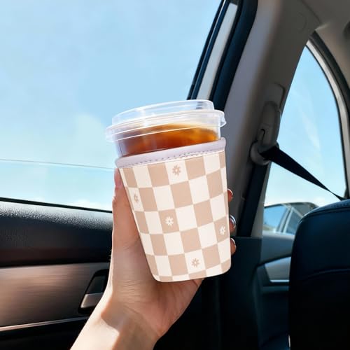 Image of Reusable Insulated Sleeve for Iced Coffee Cup, Coffee Neoprene Sleeve for Cold & Hot Drinks, Beverage Holder for Iced Coffee (Floral Checkers, Medium: 22-24oz)
