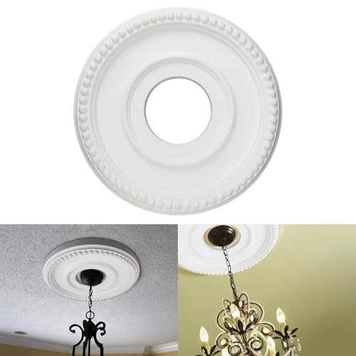 Image of 12 Inch OD x 4inch ID White Ceiling Medallion Plate - PU Plastic Decorative Cover for Fan, Light Fixtures, Chandelier Canopies - Traditional, Retro, and Minimalist Home Lighting Replacement