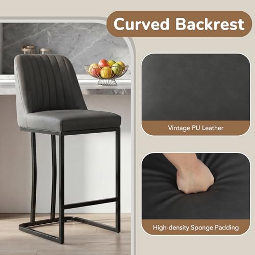 Image of LSSBOUGHT Counter Height Bar Stools Set of 2 24'' Upholstered Padded Barstools with Back Glam Kitchen Island Chairs with Black Metal Iron Frame (Gray,2pcs)