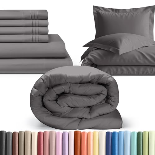 6 Piece Dark Grey King Bed Sheet Set with Comforter + Duvet Cover – 16 inch Deep Pockets – 1 Flat, 1 Fitted Sheet and 4 Pillowcases – Oeko-TEX - Soft & Wrinkle Free - Hotel Luxury Bedding