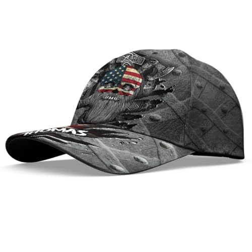 Image of Viking American Flag Skull Cap for Men, Viking Skull Us Flag Skeleton Gothic Horror, Adjustable Caps for Men Women