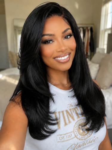 Image of KLAIYI Yaki Straight Wig Side Bangs Bye Bye Knots Precut 7x5 HD Lace Front Wigs Human Hair Glueless Drawstring Layered Cut Pre Plucked Bleached Pre Everything 3S Ready to Wear and Go Kinky Wig 22Inch