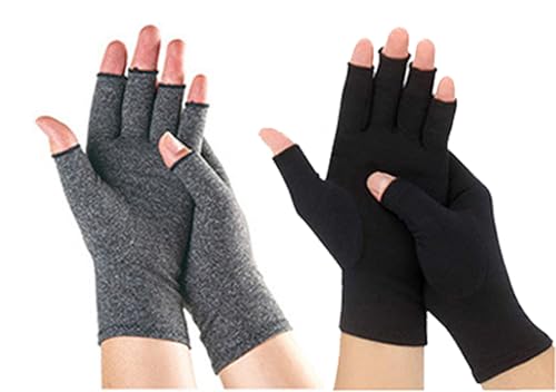 Sieafan 2 Pairs Bamboo Compression Gloves - Bamboo Arthritis Gloves for Men Women - Fingerless Compression Gloves (Black+Gray Large)