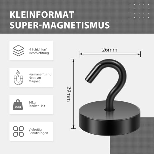 Neosmuk Magnethaken Schwarz,30kg Magnet Haken Extra Stark für Spind Organizer,Neodym Magnete,Haken Magnetisch Sehr Stark für Werkstatteinrichtung,Heckzelt,Grill,Kleiderhaken
