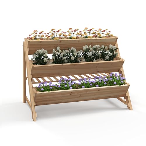 CHEFJOY 3-Tiers Raised Garden Bed, Wooden Garden Planter with 3 Planter Box & Storage Shelf, 2 Convenient Side Hooks, Outdoor Elevated Plant Box Stand with Leg for Flowers, Vegetables