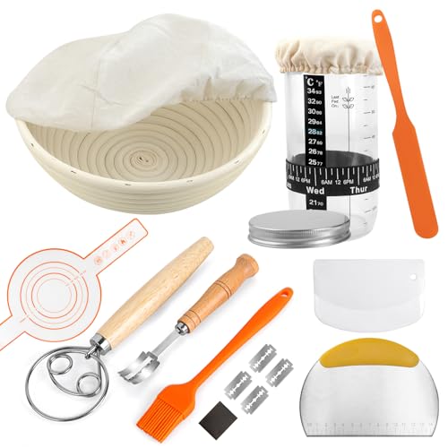 Sour Dough Starter Kit, Treerit 9 Inch Banneton Bread Proofing Basket with Glass Sourdough Starter Jar Kit, Sourdough Bread Baking Supplies, Bread Making Tools for Modern Home and Kitchen