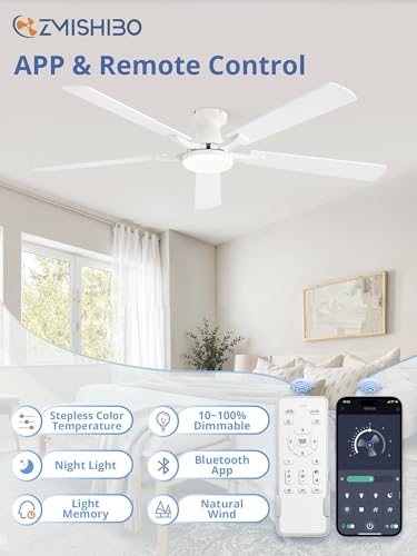 Image of ZMISHIBO 60 Inch Ceiling Fan with Light, App&Remote Control, Flush Mount Low Profile, Dimmable 20W LED Light, Quiet Reversible Motor for Bedroom, Living Room, Apartment, White