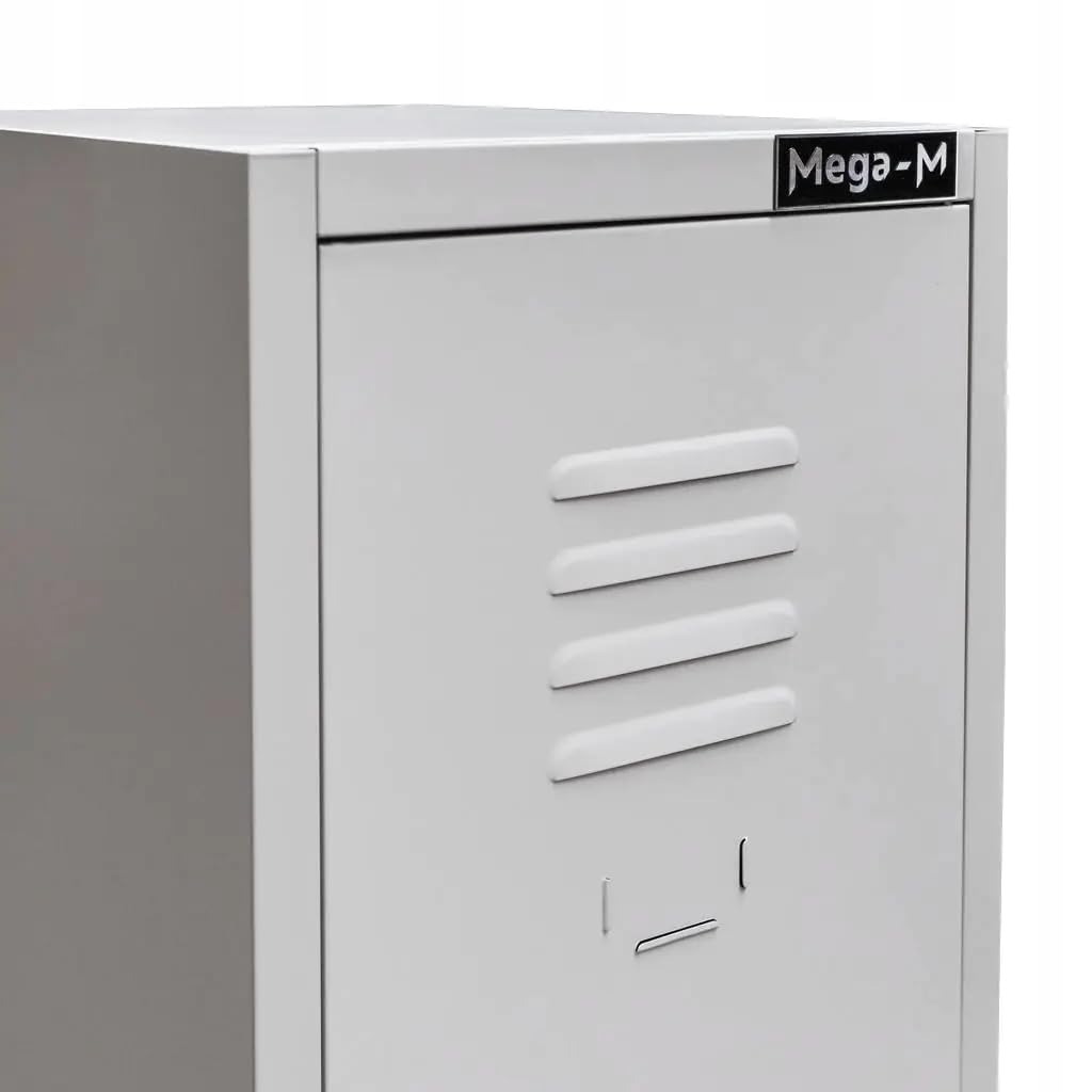 MEGA-M Szafka BHP ubraniowa pracownicza 1-drzwiowa | metalowa szafa z półką, drążkiem, haczykami, wentylacją i zamkiem, 36 × 50 × 180 cm, szara Bullet Points