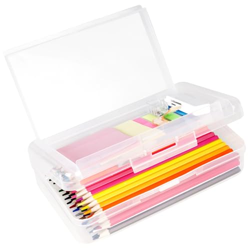 DANRONG Plastic Pencil Box, Large Capacity Pencil Case, Pencil Boxes Double Layer for Kids Adults, Colored Pencil Case, Hard Crayon Box Storage with Snap-Tight Lid for School Office Supplies (Clear)