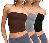 WIHOLL 3 Pack Crop Tops for Women Sleeveless Trendy Casual Summer Tops Bandeau Strapless Cute Tube Tops Teen Girls Black,Grey,Coffee M