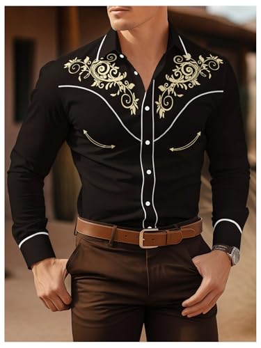 Men's Vintage Floral Print Shirts Western Cowboy Shirt Button Down Long Sleeve Tee Top2