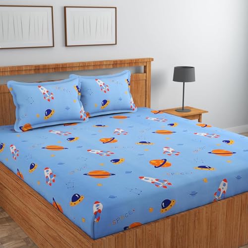 Image of RD FABS Glace Cotton Wrinkle Free Soft Hypoallergenic Elastic Fitted Cartoon Printed Bedsheets for Kids with 2 Pillow(Size,78 x 72 Inches(Fits up to 8 Inch),Blue Astronaut),Double Bed,300 TC
