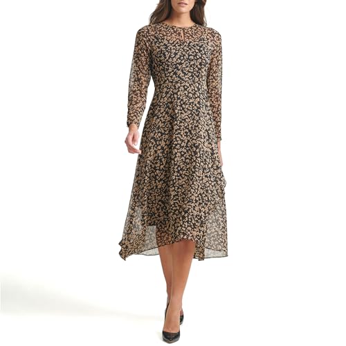 TOMMY HILFIGER Women's Long Sleeve High Neck Chiffon Hi Lo Midi Dress