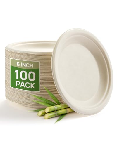 Goodluck 6 Inch Natural Compostable Plates 100 Pack 100% FSC Certified Unbleached Bagasse Paper Plates Heavy Duty Eco Friendly Disposable Plates for Party Wedding BBQ Catering & Everyday Use