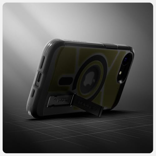 Image of Spigen Tough Armor (Ai) MagFit for iPhone 17e /16e Case, Frost Black | Military-Grade Drop Protection, Tactile Button Cover, Kickstand, Compatible with MagSafe, Screen Protector Compatible