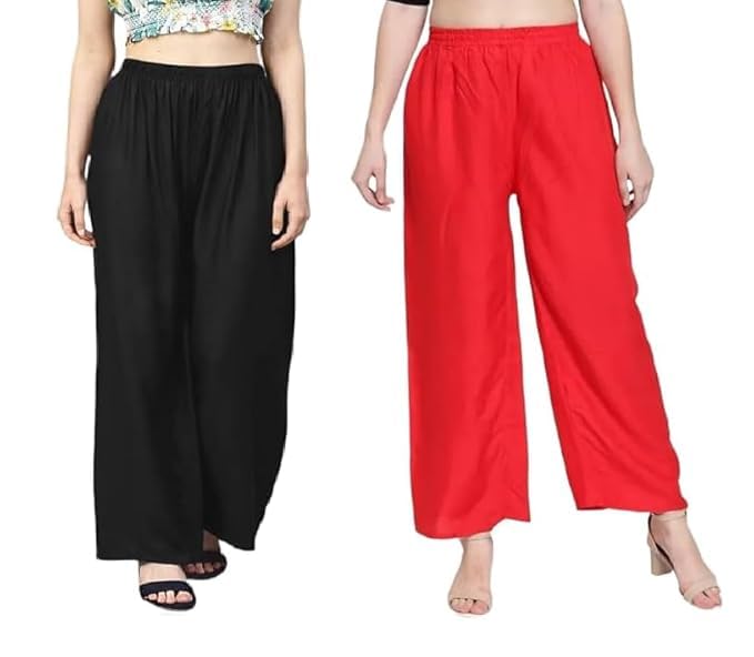 Image of Women's Solid Viscose Rayon Palazzo Pants | Wide Leg Loose Fit Trousers | Office, Casual Ethnic Bottom Wear | Combo Pack of 2