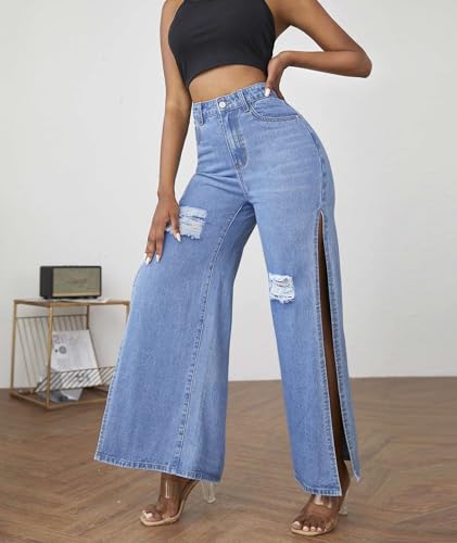 Sexyshine Women's High Waist Side High Split Jeans Distressed Ripped Loose Wide Leg Long Denim Pants Club Streetwear4