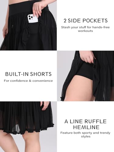 Women's Plus Size High Waisted Ruffle Tennis Skirt Flowy Tulle Tiered Golf Skirts Athletic Skorts with Shorts Pockets3