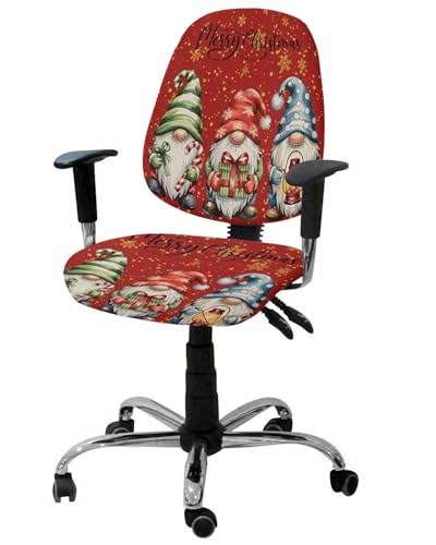 Red Christmas 2 Pieces Computer Office Chair Covers Set,Stretchable Desk Rotating Chair Seat Cushion Slipcover Back Covers,Winter Cartoon Xmas Gnomes Snowflake Slipcover Back Cover,Protectors Cover