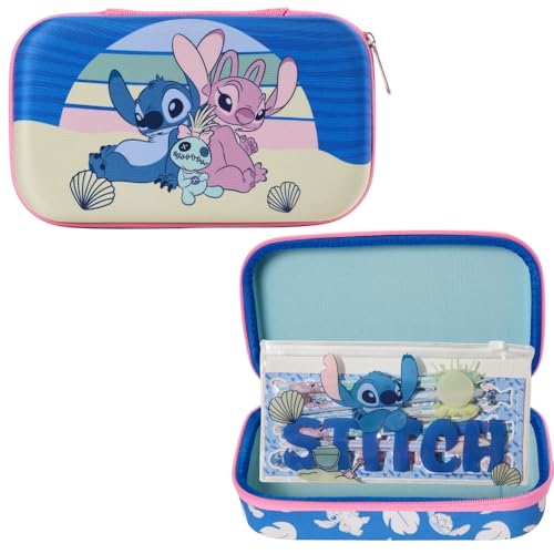 Innovative Designs Disney Stitch Pencil Case Set with Stickers and Gel Pens for Kids Molded with Zip Closure Purple