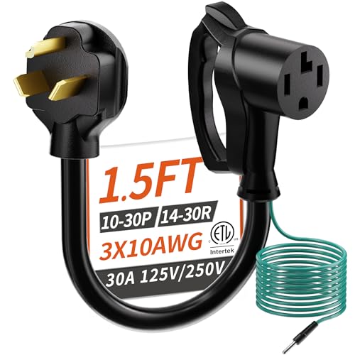 PlugSaf 10 Gauge 1.5FT 30AMP 125V/250V 4 Prong to 3 Prong Dryer Adapter NEMA 10-30P Old House to 14-30R New Dryer with Green Ground Wire Dryer Plug Adapter 4 to 3 Prong Outlet STW ETL Listed