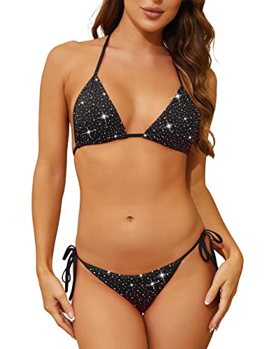 Oneheekini Women Sexy Sparkle Glitter Swimwear Shiny Crystal Rhinestones Thong Bikini Sets Tie Side Bathing Suits