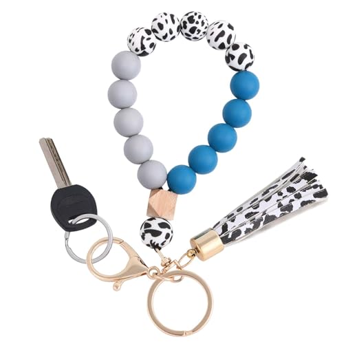 Image of BAOSIWA Silicone Key Ring Bracelet Wristlet Keychain Unique Beaded Bangle Key Chains for Women with Leather Tassel