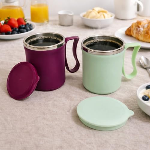 Image of Insulated Stainless Steel Coffee Mug with Lid, 300ml, Double Wall, Reusable Travel Mug for Home & Office (Purple - Pastel Green)