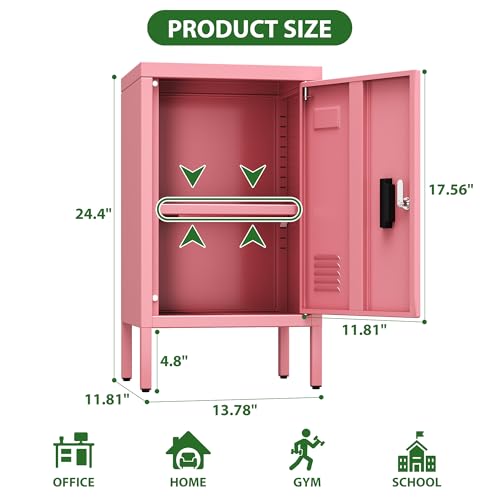 Aobabo 24.4\" H Metal Locker Storage Cabinet with 1 Doors, Locker Nightstand with Adjustable Leveling Foot and Adjustable Shelves,Small Lockers for Home, Office, Assembly Required, Pink