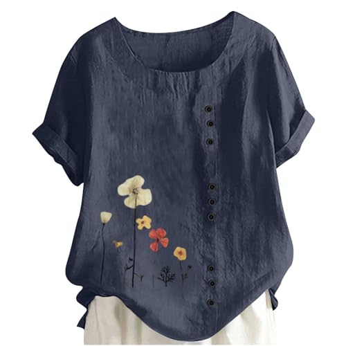 Camiseta Mujer Lino Manga Corta Camisa Blusa Ligero Verano Moda Casual Estampado Floral Cómodo Suelto Cuello Redondo Tops T-Shirt Elegante Basic tee Talla Grande Transpirable