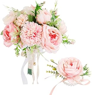 Gukasxi Bridal Bouquet Artificial Rose and Wrist Flower,Wedding Bouquets for Bride Bridesmaid Bouquet Wedding Romantic Bouquet Bride Artificial Flowers Valentine's Day Confession Party Church (Pink)