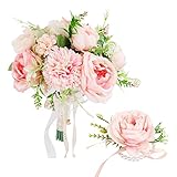 Material de alta calidad: el ramo de novia está hecho de flores artificiales y diamantes de imitación, y la flor de la muñeca está hecha de perlas y tela de seda que todos tienen un aspecto puro. El material de la flor artificial es muy realista, no te preocupes por que se marchite.