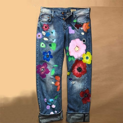 Women Vintage Floral Print High Waist Distressed Straight Leg Jean Loose Baggy Boyfriend Ripped Flower Denim Pant2