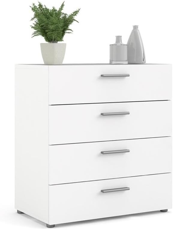 Pemberly Row Contemporary 4 Drawer Chest, Engineered Wood, White Finish, 31.57 in Wide, 26.81 in High, Modern Design with Metal Glides and Safety Stops, Bedroom, Living Room, or Entryway Storage