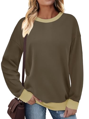 Cuptacc Sweatshirt Women Uk 2025 Basic Casual Round Neck Loose Sweatshirt Without Hood Color Block Ribbed Comfy Long Sleeve Tops Women Coffee Gray L