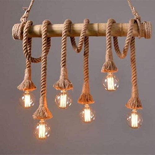Homes Elite Bamboo Hemp Rope 6-Light Holder Hanging Light Vintage Ceiling Fixture Natural Rustic Modern Design (Bulb not Included)