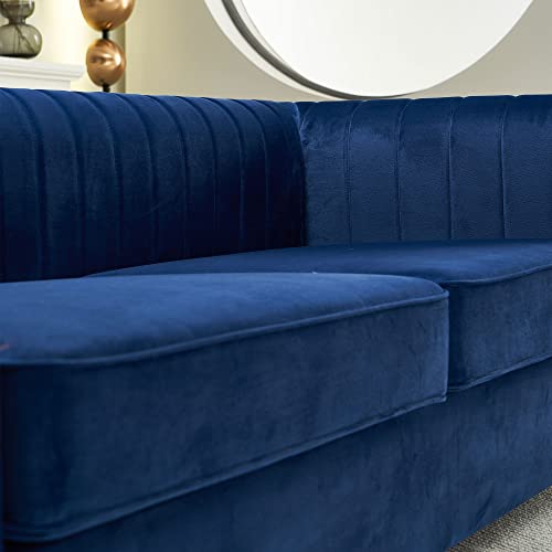 Image of KEIKI 84 inch Velvet Deep Channel Tufted Sofa with Back Cushions and Rolled Arms, Modern Style 3-Seater Couch with Golden Polished Steel Legs, Easy Assembly, for Living Room, Bedroom, Office, Blue