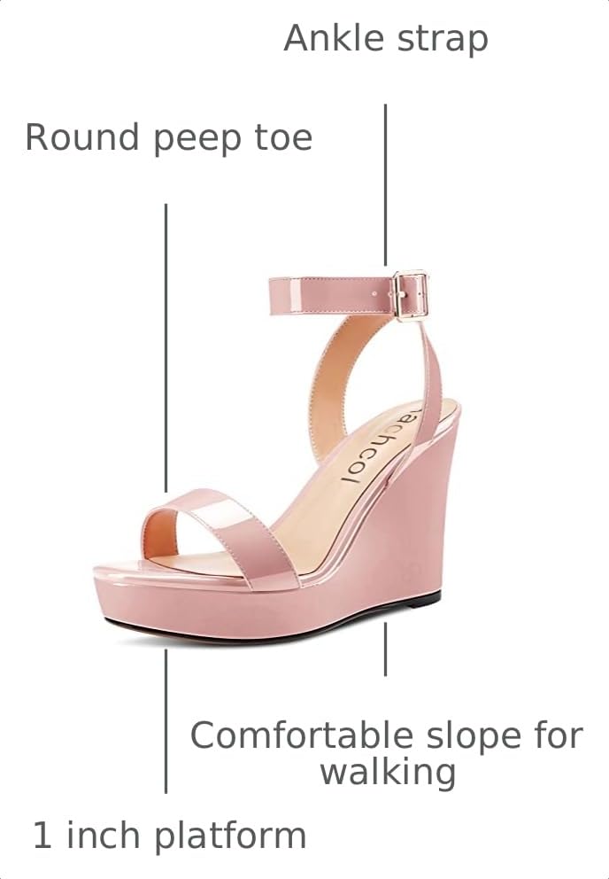 Image of Aachcol Women Platform Wedge Sandals Round Peep Open Toe Ankle Strap Slingback Two-Piece Chunky Block High Heel Dress Shoes Pumps Party Patent 4 Inch