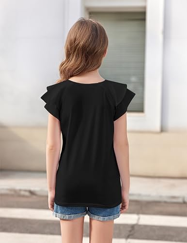 Image of Girls T Shirts Ruffle Short Sleeve Round Neck Loose Blouse Summer Solid Color Casual Girl Tee Tops for 3-12 Years