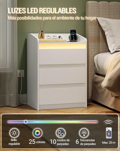Miniatura 5 de Hzuaneri Mesilla De Noche De 2 Con 3 Cajones, Mesa Auxiliar Con Estación De Carga Y Led, 2 Tomas Ca Y 2 Puertos Usb Para Dormitorio, Salón, Blanco Ns40103x