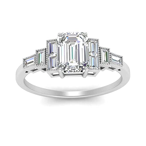 Image of Choose Your Gemstone Baguette Milgrain Graduated Diamond CZ Ring Sterling Silver Emerald Shape Side Stone Engagement Rings Lightweight Office Wear Everyday Gift Jewelry US Size 4 to 12