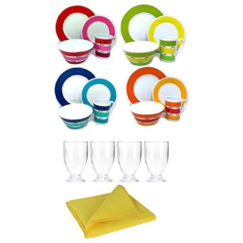 Moritz - Vajilla de melamina para 4 personas, 21 piezas con vasos de zumo + paño de microfibra amarillo Cover