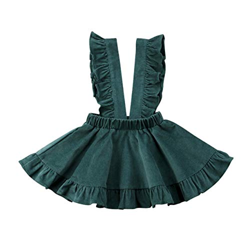 Image of Vohawsa Toddler Baby Girl Velvet Backless Ruffle Strap Overalls Skirt Solid Sleeveless Suspender Tutu Dress Spring Fall Summer (5-6T, Green #2)