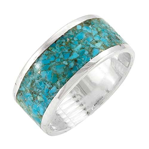 Turquoise Band Ring Sterling Silver 925 Genuine Gemstones Size 6 To 11 (Wide-1/3") (8) #TOP7