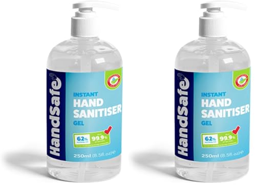 Image of Handsafe - Sanitiser Gel - Hospital Grade Hand Sanitiser, Kills 99.9%+ Bacteria & Viruses, 250ml Alcohol Based Anti Bacterial Fast Acting Formula (Pack of 2)