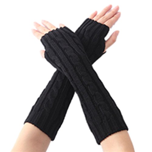 Women Lady Girl Long Soft Fingerless Knit Thumb Hole Gloves Mittens (01-Black)