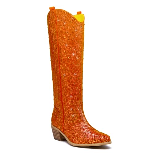 Rhinestone Cowboy Boots for Women Sparkle Tall Cowgirl boots bling Pointed Toe Low Chunky Stacked Heel Pull On Tabs with Side Zipper Wide Glitter Fashion Party Retro Classic Boots
