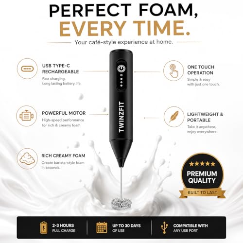Image of Coffee Frother Electric Rechargeable Coffee Maker Machine for Home Electric Coffee Frother Machine & Milk Whisker with Dual Spring Tech | Free Recipe Book